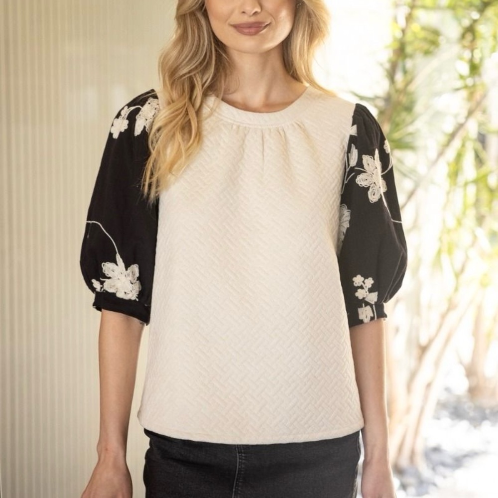 Voy Womens Floral Embroidered Contrast Puff Sleeve Top Coquette Black Beige L